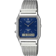 Casio Vintage AQ-230EM-2A Analog-Digital Watch, Stainless Steel Mesh Band, Dual Time