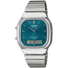 Casio Vintage AQ240E-3A Blue-Green Dial Analog-Digital Watch, Stainless Steel Band