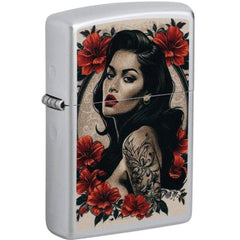 Zippo 47265 Pinup Tattoo Color Image Satin Chrome Windproof Lighter with Gift Box