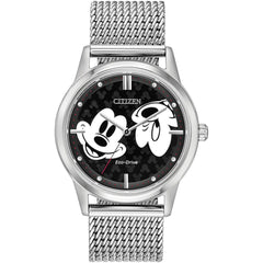 Citizen FE7060-56W Mickey Mouse Watch, Silver Stainless Steel Mesh Bracelet, Eco-Drive