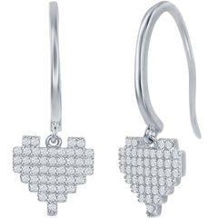 Classic Women's Earrings - Sterling Silver White CZ Pixel Heart Leverback | D-7851