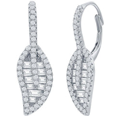 Classic Women's Earrings - Sterling Silver Round and Baguette White CZ Leaf | D-7991