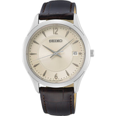 Seiko Men's Watch - Quartz Beige Dial Brown Leather Strap Date Display | SUR421P1