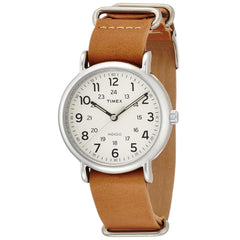 Timex T2P492 Women's Weekender Cream Dial Brown Slip Thru Leather Strap Watch