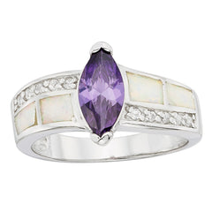 Women's Ring - Silver White Inlay Opal and Purple CZ, Size 9 | W-9961-9