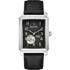 Bulova Unisex Watch - Sutton Automatic Open Heart Black Dial Leather Strap | 96A269