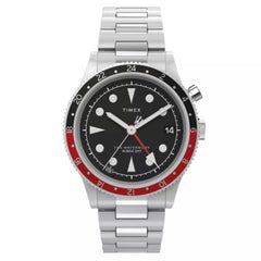 Timex Men's Watch - Waterbury Quartz GMT Black Dial Silver Tone Bracelet | TW2W22700VQ