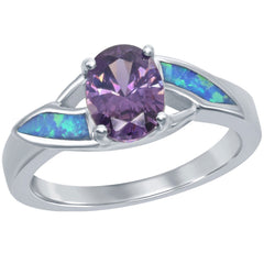 Women's Ring - Sterling Silver Blue Opal with Purple CZ, Size 6 | W-9590-6
