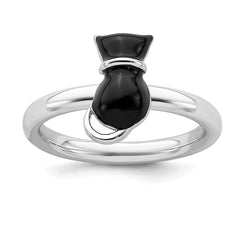 Sterling Silver Stackable Expressions Polished Black Enameled Cat Ring | QSK127