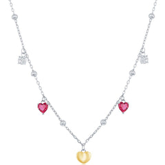 Classic Women's Necklace - GP Sterling Silver White and Ruby CZ Heart Beaded | M-6941