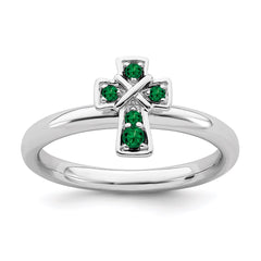 Sterling Silver Stackable Expressions Rhodium Created Emerald Cross Ring | QSK1634
