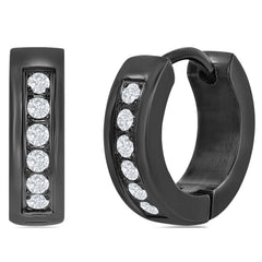 Women's Earrings - Black Steel 13mm Hoop Single Row CZ | SA-6077