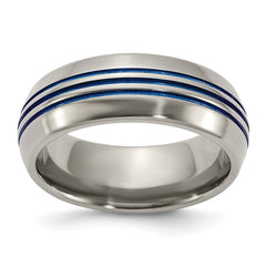 Titanium with Blue Triple Groove Beveled Edges 8mm Polished Band | TB417