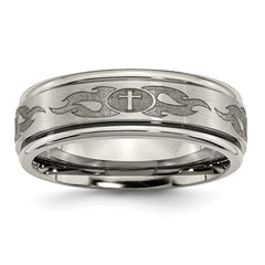 Titanium Ridged Edge 8mm Laser Design Brushed & Polished Band | TB11S