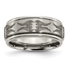 Titanium Ridged Edge 8mm Laser Design Brushed & Polished Band | TB11A