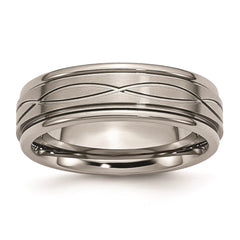 Titanium Polished Criss-cross Design Brushed Center Ridged Edge Band | TB73
