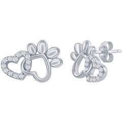 Classic Women's Earrings - Silver Heart and Paw White CZ Stone Stud Post Back | D-7928