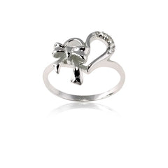 Sterling Silver Heart With  CZ and Bow Ring - W-8989