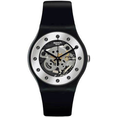 Swatch Unisex Watch - Sparkling Circle Silver Glam Black Silicone Strap | SO29B109