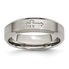 Titanium Cross Design 6mm Satin Beveled Edge Band | TB334