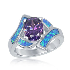 Women's Ring - Silver Blue Opal with Purple CZ Center, Size 8 | W-9594-8