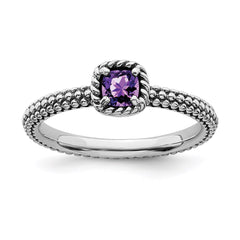 Sterling Silver Stackable Expressions Checker-cut Amethyst Antiqued Ring | QSK743