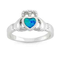 Sterling Silver CZ Crown with Opal Heart Claddagh Ring - W-9563