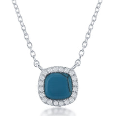 Sterling Silver Square Turquoise with CZ Border Necklace
