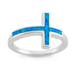 Sterling Silver Blue Inlay Opal Cross Ring - W-9918