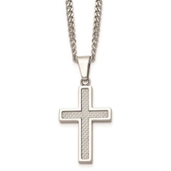 Stainless Steel Polished w/Grey Carbon Fiber Inlay Small Cross Necklace
