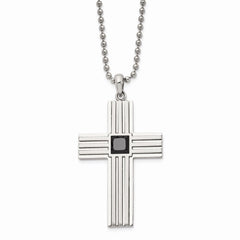 Stainless Steel Brushed and Polished w/ Black CZ Cross Necklace