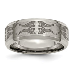 Titanium Beveled Edge 8mm Laser Design Brushed & Polished Band | TB115A