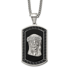 Stainless Steel Polished w/Black Enamel & Crystal Jesus DogTag Necklace