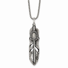Stainless Steel Antiqued & Polished w/White Cat's Eye Feather 24in Necklace