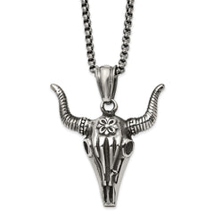 Stainless Steel Antiqued and Polished Bull Skull 24in Necklace