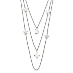 Stainless Steel Polished Stars & Moon Multi Strand w/1.75in ext Necklace
