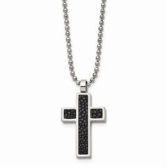 Stainless Steel Black Stingray Leather Cross Pendant 24in Necklace