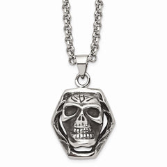 Stainless Steel Antiqued Skull Pendant 24in Necklace