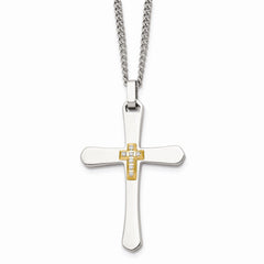 Stainless Steel 14k Accent w/ Diamonds Cross Necklace
