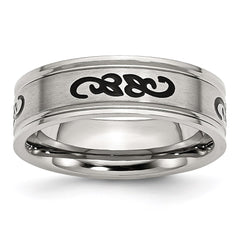 Stainless Steel Black Rubber 7mm Ridged Edge Brushed Band | SR62