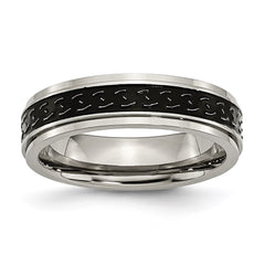 Titanium Ridged Edge Black Enamel Braid Design 6mm Polished Band | TB193