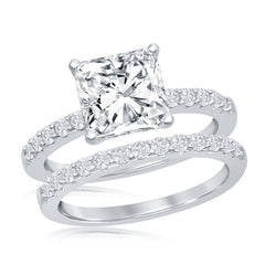 Sterling Silver Princess-Cut Half CZ Band Engagement Ring Set - W-2406