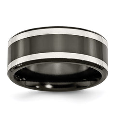 Titanium Black Ti with Sterling Silver Inlay 9mm Polished Flat Band | TB289
