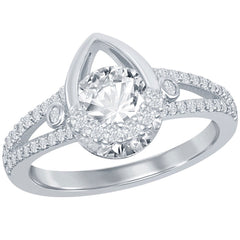 Classic Women's Silver Pear-shaped Round CZ Ring - W-2626