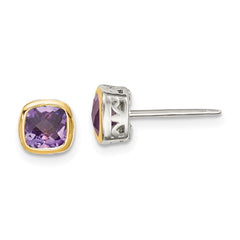 Sterling Silver w/ 14K Accent Amethyst Square Stud Earrings