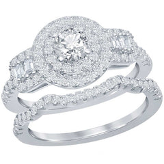 Classic Women's Double Halo White CZ Ring Set - W-2407