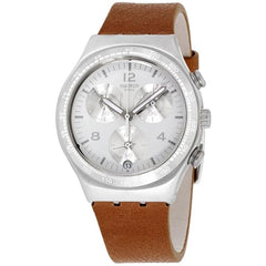 Swatch Men's Watch - Botillon Chronograph Silver Tone Dial Brown Strap | YCS597