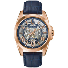 Bulova Men's Watch - Sutton Rose Gold Tone Case Blue Skeleton Dial Strap | 97A161