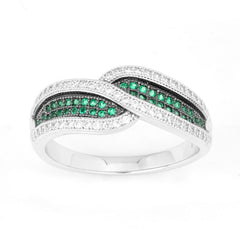 Sterling Silver Crossed Emerald and CZ Micro Pave Ring - W-9908