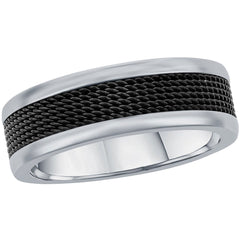 Men's Ring - Silver Steel and Black Mesh Inlay Band, Size 9 | SW-2114-9
